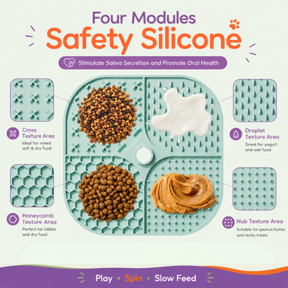 Infographic showcasing the Woopsi Twirl Bowl 4-module safety silicone licking mat, detailing the four distinct texture zones with food examples.