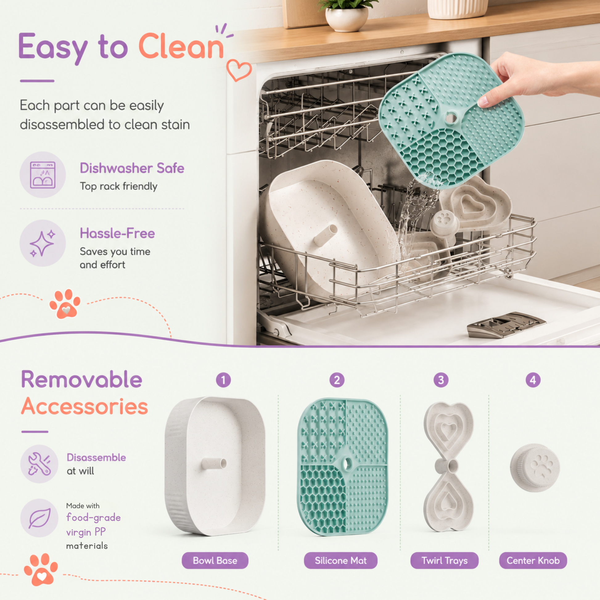 Infographic demonstrating dishwasher-safe cleaning for the Woopsi Twirl Bowl, featuring disassembled removable parts including the base, silicone mat, twirl trays, and center knob.