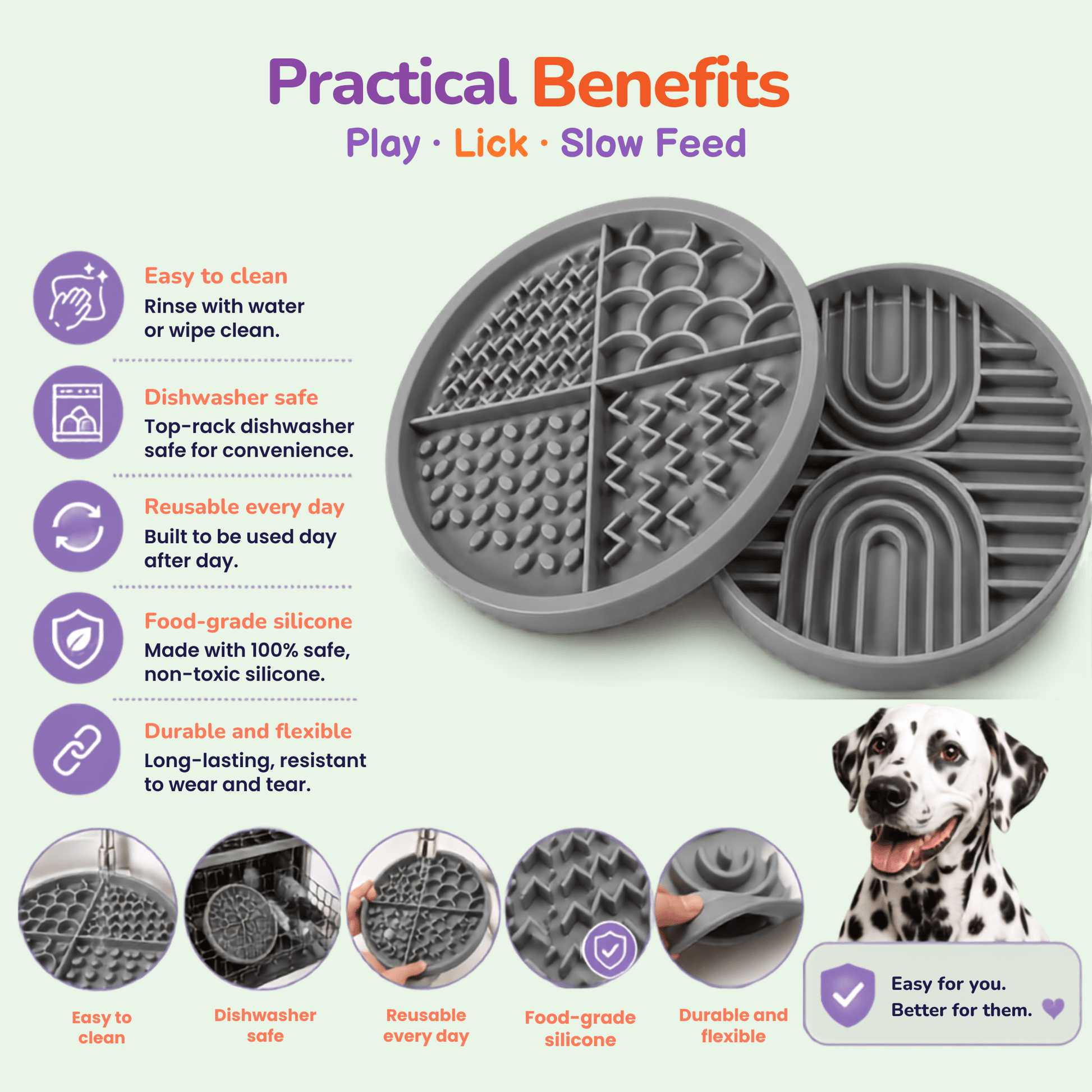 Infographic listing practical benefits of the gray Woopsi Nuzzle Duo Bowl set, featuring a happy Dalmatian dog, easy cleaning icons, food-grade silicone details, and daily durability.