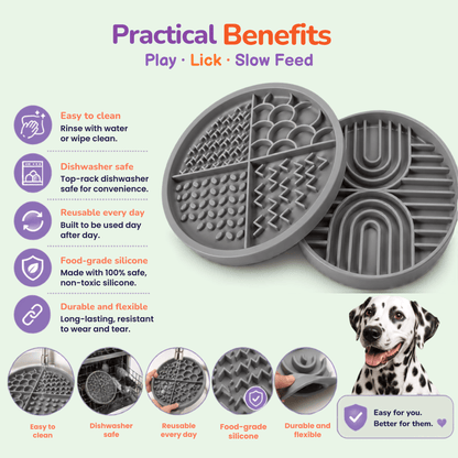 Infographic listing practical benefits of the gray Woopsi Nuzzle Duo Bowl set, featuring a happy Dalmatian dog, easy cleaning icons, food-grade silicone details, and daily durability.