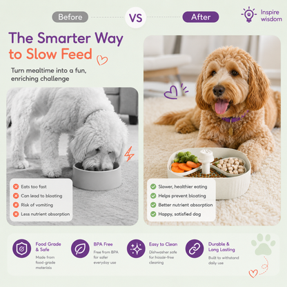 Before and after comparison infographic showing a dog eating too fast from a standard bowl versus a happy dog enjoying the Woopsi Twirl Bowl slow feeder.