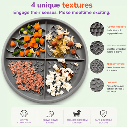 Infographic showcasing 4 unique licking textures on the Woopsi Nuzzle Duo Bowl silicone mat: flower pockets, zigzag channels, arrow texture, and dot nubs filled with healthy dog treats and spreads.