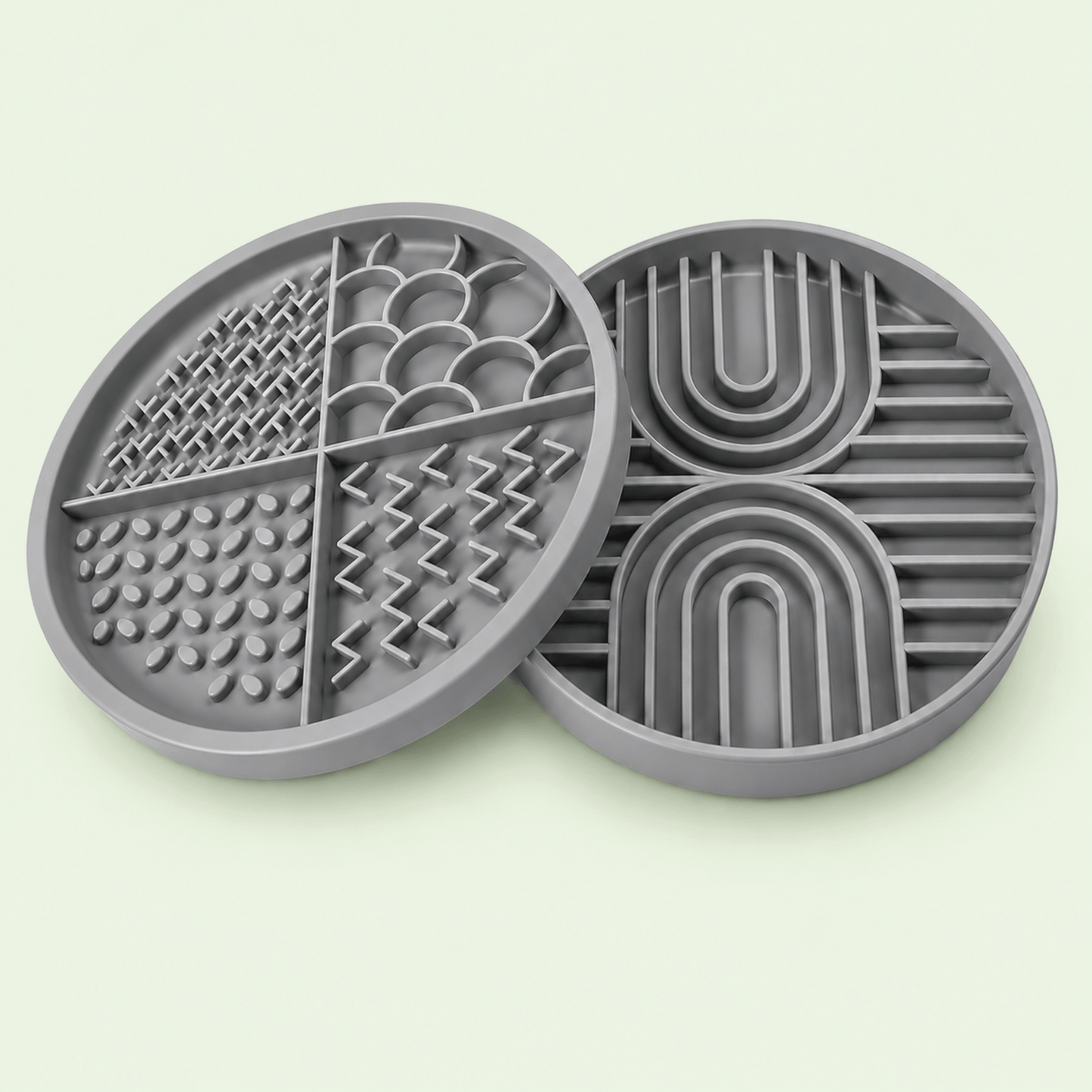 Gray Woopsi Nuzzle Duo Bowl 2-in-1 set displaying the 4-zone silicone licking mat lid next to the maze slow feeder bowl.