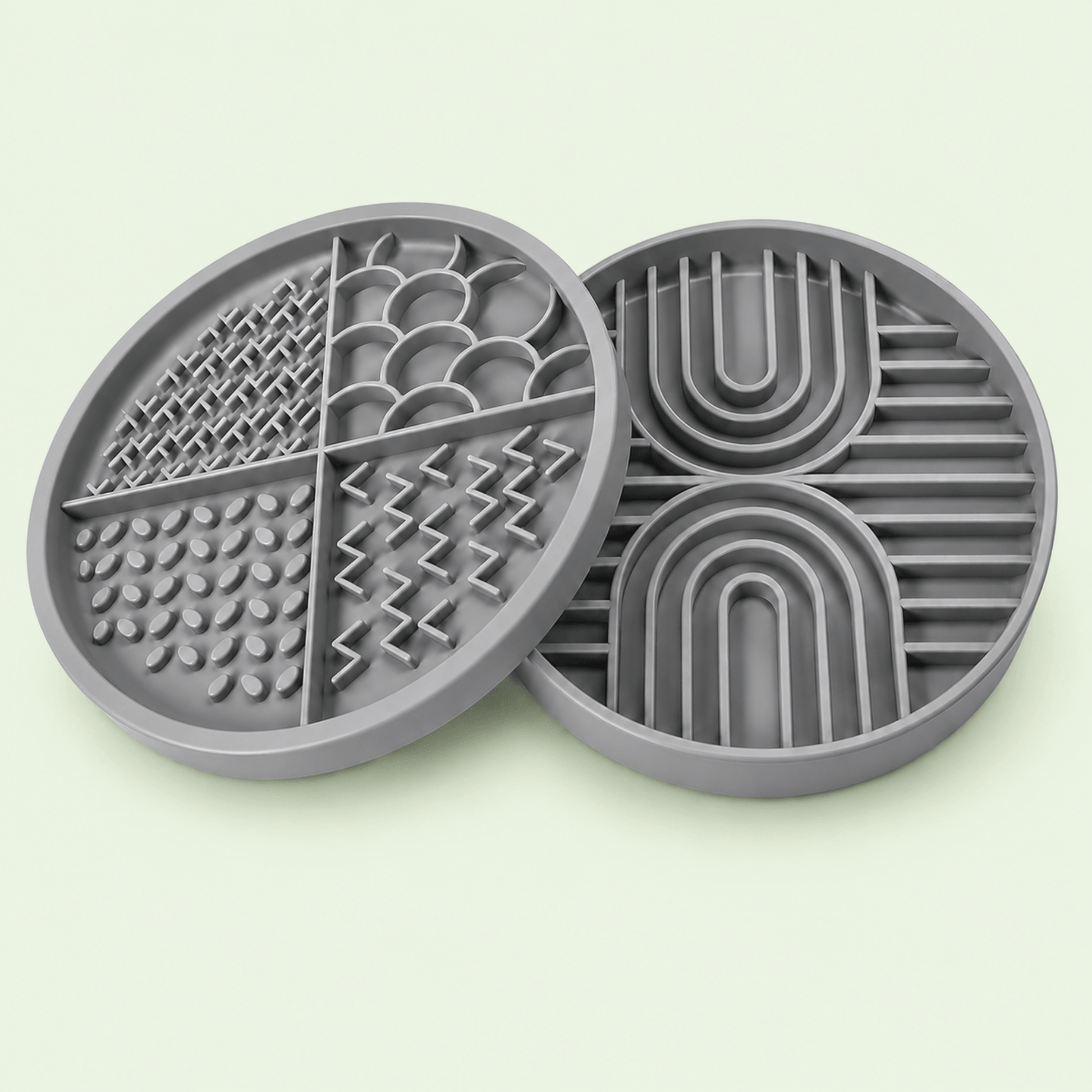 Gray Woopsi Nuzzle Duo Bowl 2-in-1 set displaying the 4-zone silicone licking mat lid next to the maze slow feeder bowl.