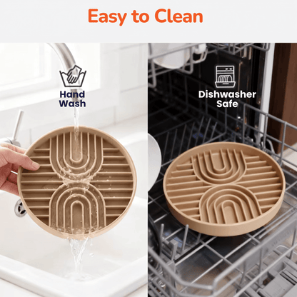 Demonstration of how easy it is to clean the Woopsi Nuzzle Duo Bowl, showing hand washing under running tap water and placing it inside a dishwasher.