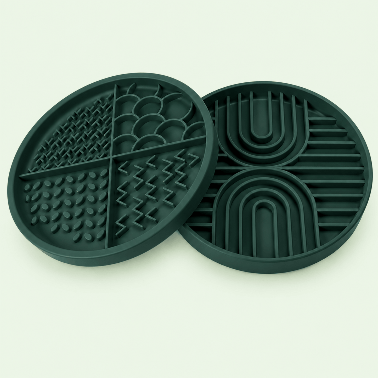 Green Woopsi Nuzzle Duo Bowl 2-in-1 set displaying the 4-zone silicone licking mat lid next to the slow feeder bowl.