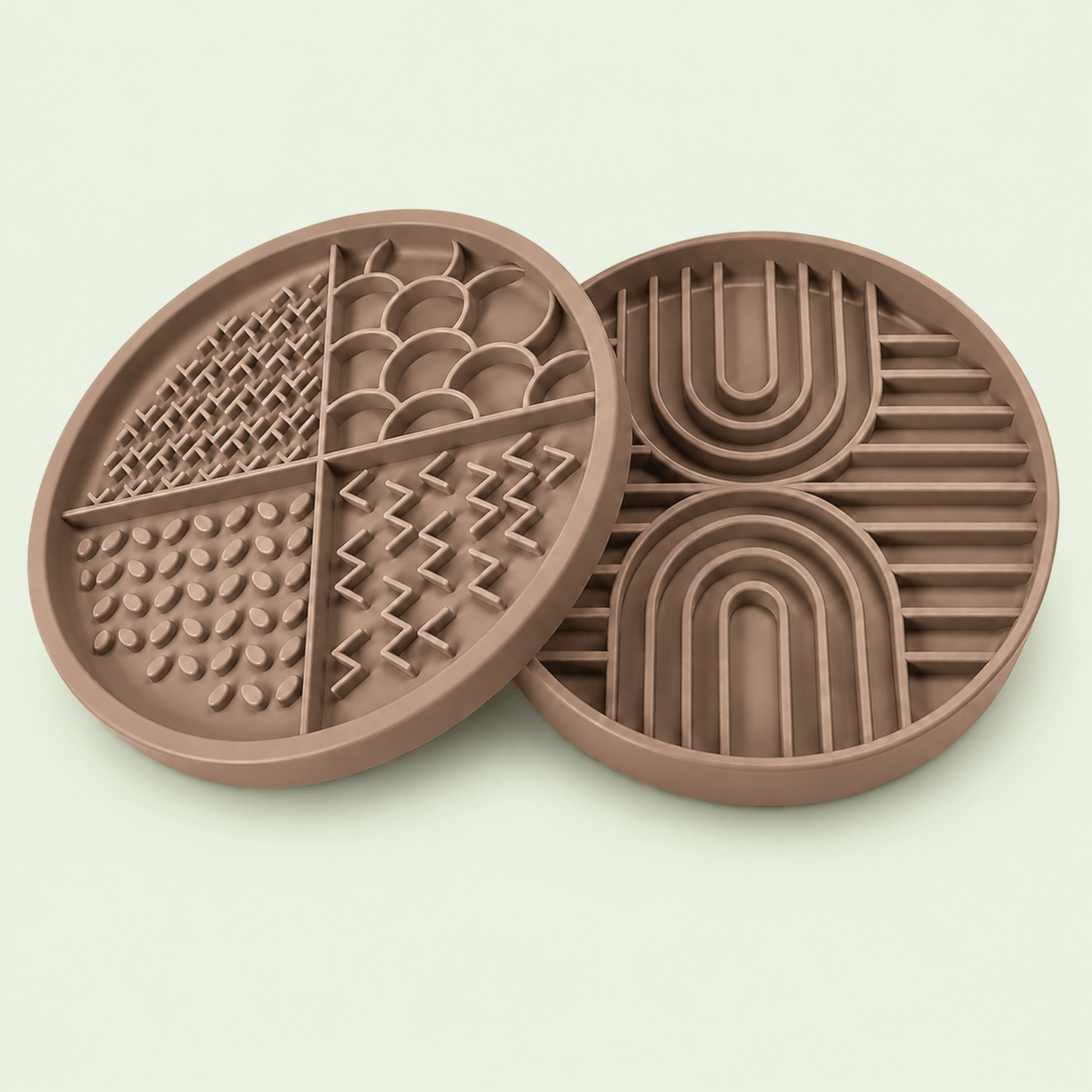 Brown Woopsi Nuzzle Duo Bowl 2-in-1 set displaying the 4-zone silicone licking mat lid next to the slow feeder bowl.