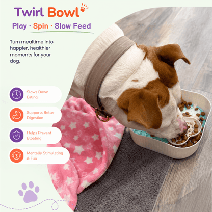 A brown and white dog using the Woopsi Twirl Bowl slow feeder on a rug, featured alongside benefit icons like slow eating and digestion support.