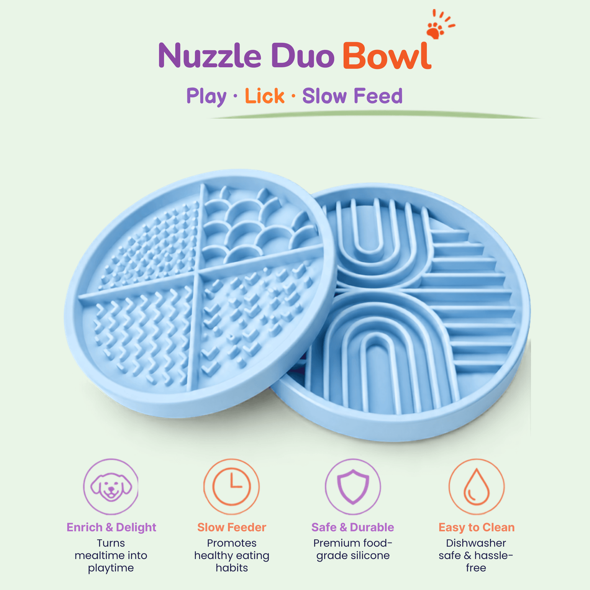 Light blue Woopsi Nuzzle Duo Bowl 2-in-1 set showing the 4-zone silicone lick mat lid beside the slow feeder bowl, highlighting key enrichment and slow feeding features.