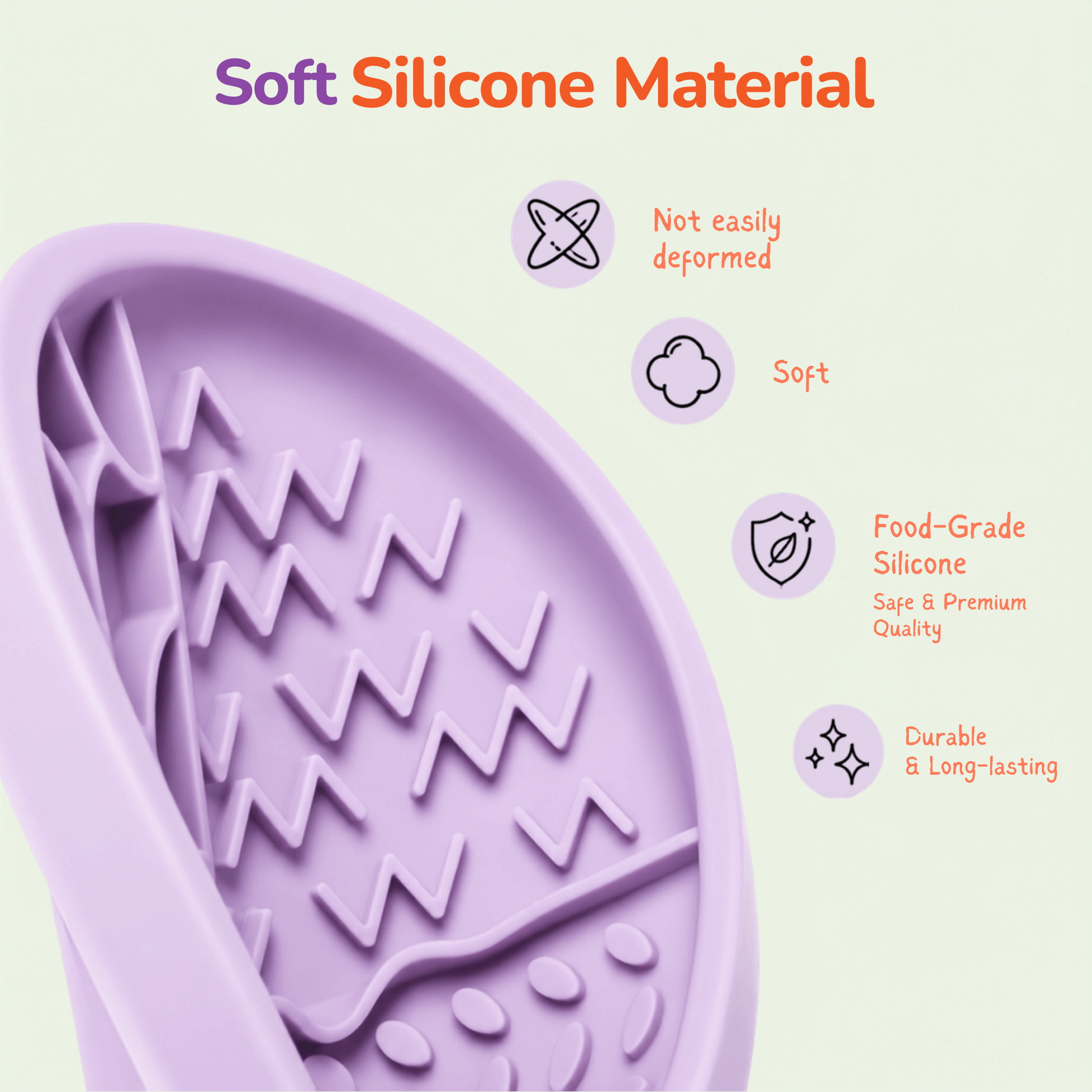 Close-up view of the soft food-grade silicone material of the Woopsi Nuzzle Duo Bowl, highlighting durability, flexibility, non-toxic quality, and safety for dogs' gums.