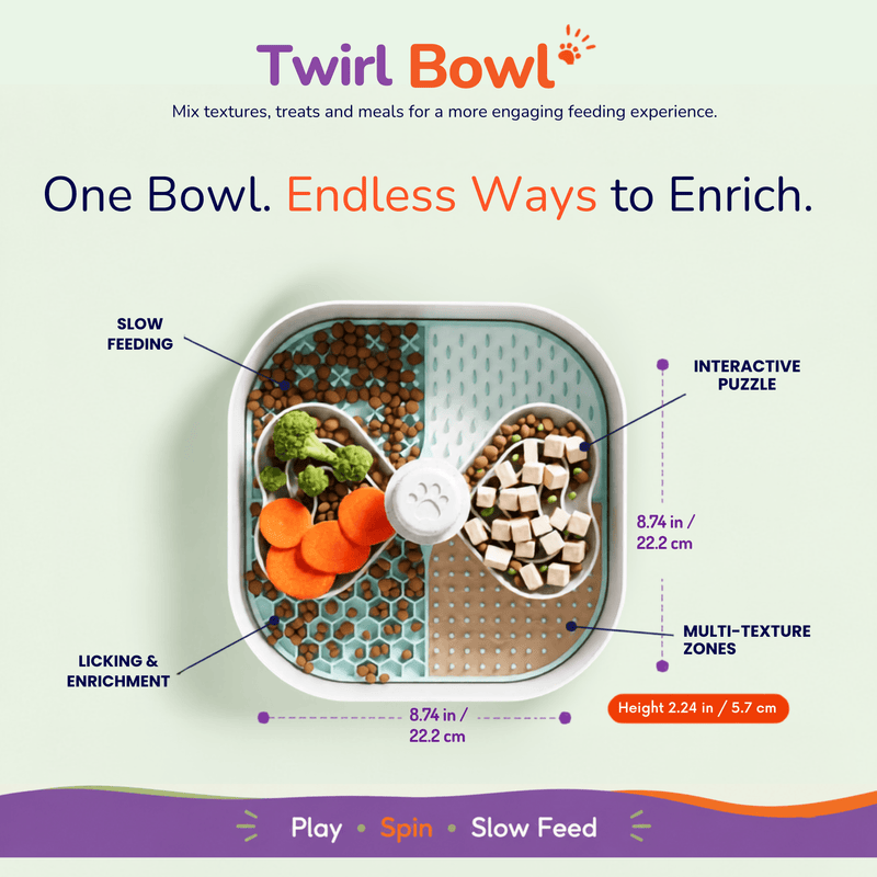 Overhead view diagram of the Woopsi Twirl Bowl filled with food, featuring labels for slow feeding, interactive puzzle, multi-texture licking zones, and dimensions.