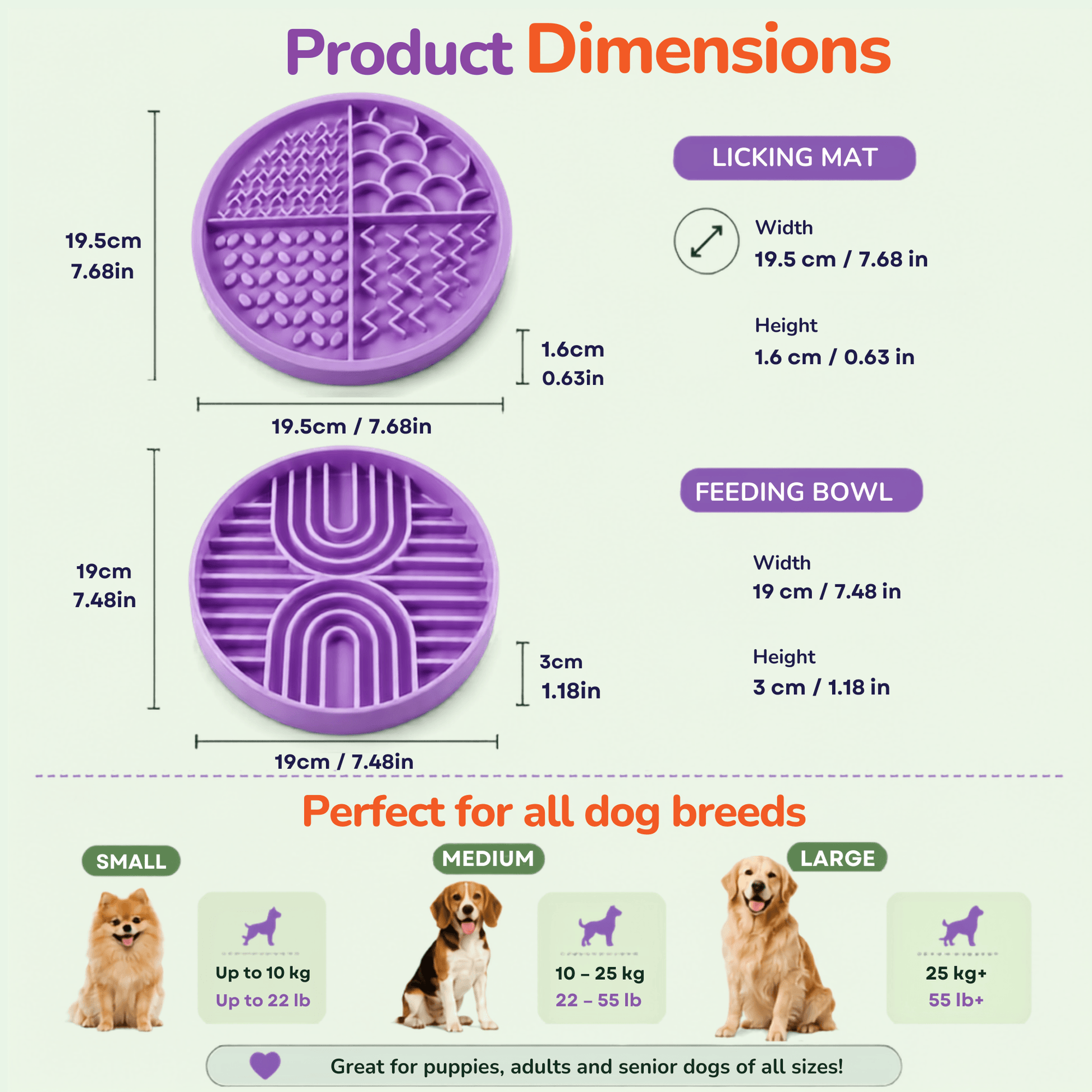 Product dimensions graphic for the purple Woopsi Nuzzle Duo Bowl set, showing measurements for the licking mat (19.5 cm) and slow feeding bowl (19 cm), suitable for small, medium, and large dog breeds.