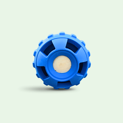 Blue Woopsi ChillBall interactive dog enrichment toy with a frozen treat inside, isolated on a light background.