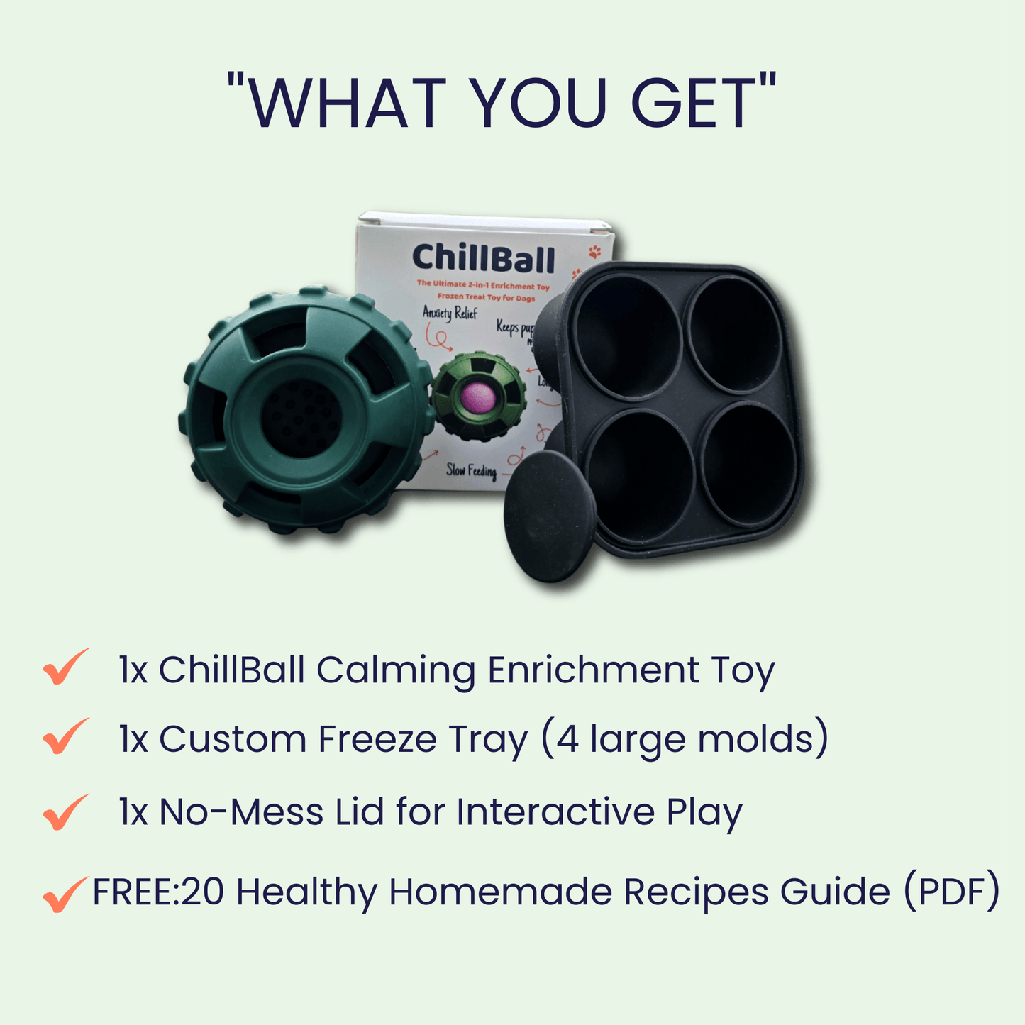 Woopsi ChillBall product bundle kit including the green calming enrichment dog toy, custom freeze tray, no-mess lid, and free healthy recipes guide PDF.